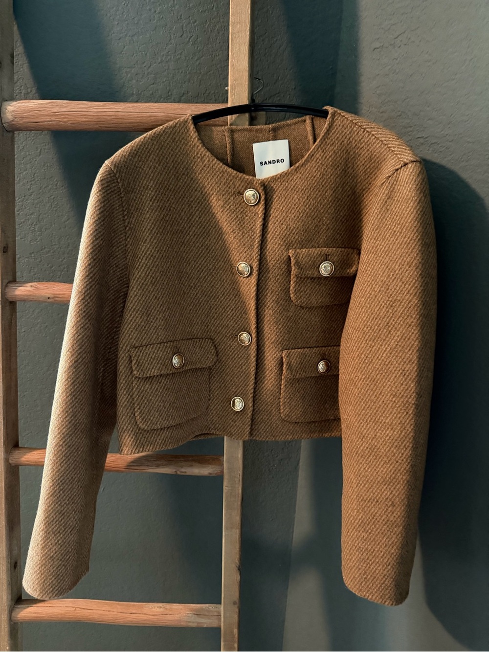 Sandro Cropped Tweed Blazer in Camel Brown